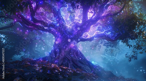 A divine tree of immortality in fantasy purple with magical orbs.