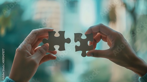 Two hands of individuals are shown joining separate pieces of a puzzle together, forming a unified image