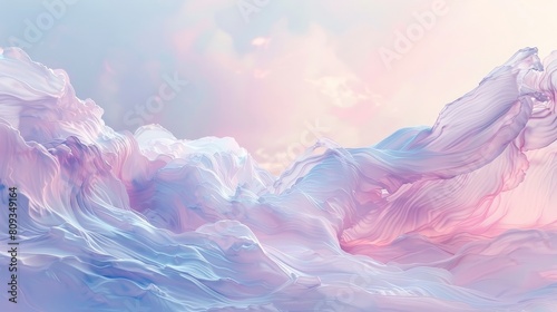 Soft pastel waves undulate in a surreal, tranquil landscape, evoking a serene twilight mood. Background. Wallpaper.
