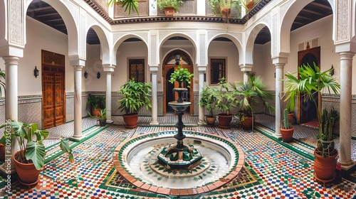 Panoramic View of a Traditional Courtyard with Fountain in a Moroccan Riad. A serene courtyard adorned with a majestic fountain and lush potted plants, creating a tranquil sanctuary 