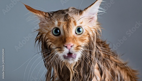 a cat with wet fur and a surprised expression
