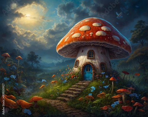 Fantasy world with a house made out of a mushroom growing on a hillside with other mushrooms on a cloudy night