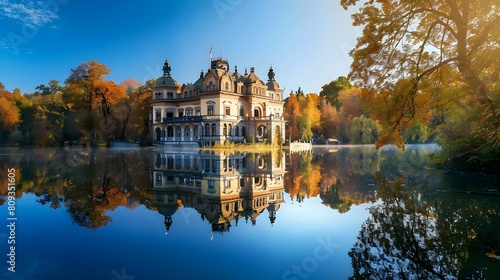 Majestic historical building reflected in a calm lake amid autumn foliage.