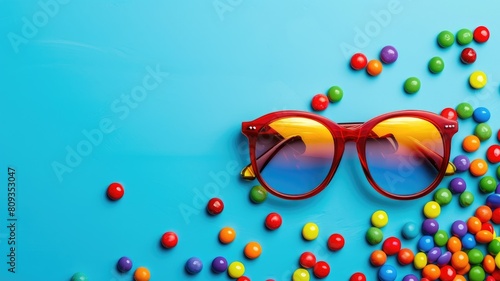 Red sunglasses on blue background surrounded by colorful beads