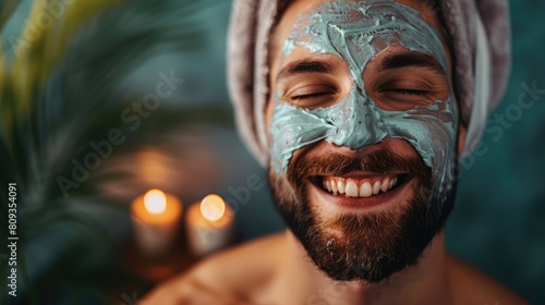 Happy healthy bearded caucasian man with face cream mask in wellness center