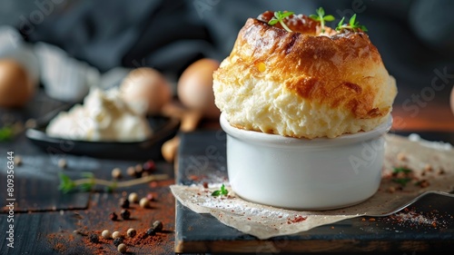 Gourmet cheese souffle in white ramekin on rustic background with eggs and spices scattered