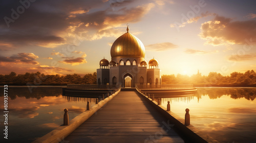 Serene sunset behind a beautiful mosque with a reflection over water