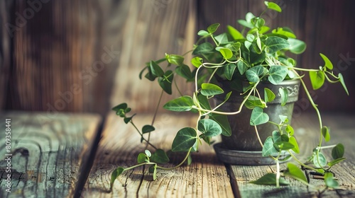 A small potted plant with vibrant green leaves and delicate tendrils sits peacefully atop a rustic wooden table