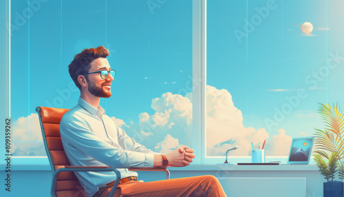 A smiling man with glasses sits in a comfortable chair by a large window, looking out at a sunny, cloud-filled sky with a view of the moon.