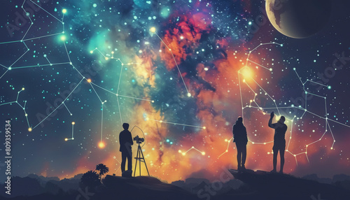Astrologists : A vibrant digital artwork showing silhouettes of people stargazing with a telescope, superimposed with colorful nebulae and constellation lines against a night sky.