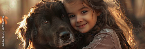 cute little girl with long hair, hugging her dog, generative AI