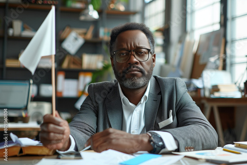 Burnt Out Black Man Waving White Flag at Work Quiet Quitting