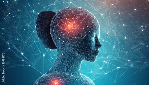 Cuerpo humano digital mostrando puntos de dolor en estilo poligonal. Silueta de alambre sobre fondo azul de baja poligonalidad. Modelo futurista masculino o femenino. Ilustración 3D vectorial 