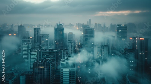 An atmospheric view of a misty urban skyline at dawn, showcasing towering skyscrapers bathed in soft morning light beneath a moody, overcast sky