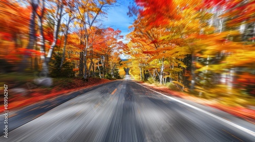 Motion blur photo of autumn foliage road scenery tree leak day AI generated