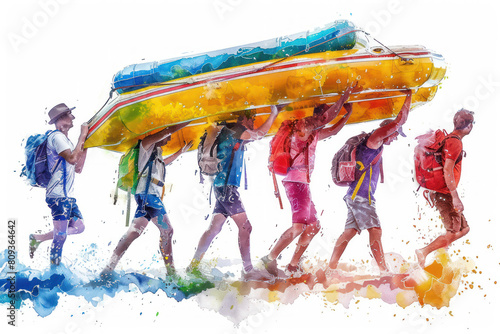 Colorful watercolor paint of people teamwork carrying inflatable boat