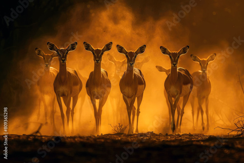 Impalas sprinting through the African savanna at sunset, muscles rippling, as they flee in a dramatic and colorful display of survival and powerful wildlife action