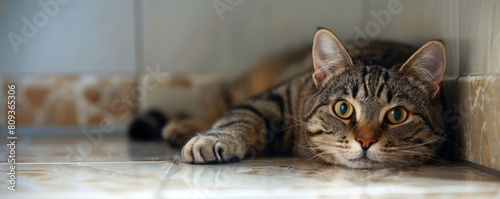 Relaxed domestic cat lounging on tiled floor
