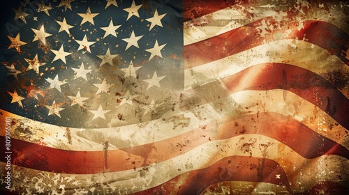 Vintage American flag backdrop Dramatic, faded colors, clean stock image style, Ai Generated