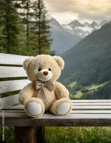 Un oso de peluche descansa en un banco de madera con majestuosas montañas en el fondo. El cielo está lleno de nubes esponjosas y el césped está salpicado de coloridas flores silvestres.