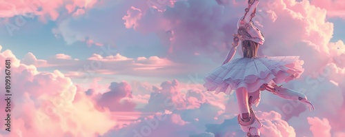 Capture the graceful movements of a robotic ballerina in a surreal landscape, emphasizing her metallic tutu and intricate gears, set against a dreamy, pastel-hued sky