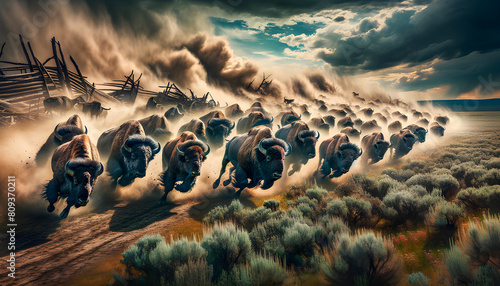 A fast-moving herd of North American buffalo thunders across the plains, showcasing strength, power, and the raw beauty of nature’s untamed wilderness.