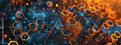 Abstract background with glowing hexagons in black and blue colors, orange light on the right side, hyper realistic in the style of cinematic.