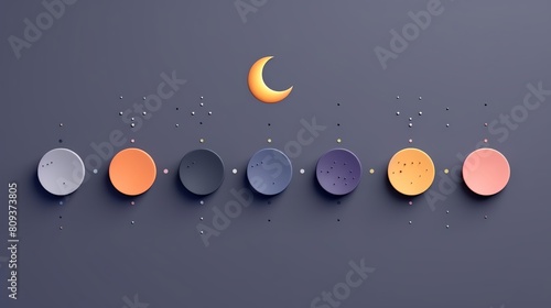 Create an image of a night sky with a crescent moon and 7 planets