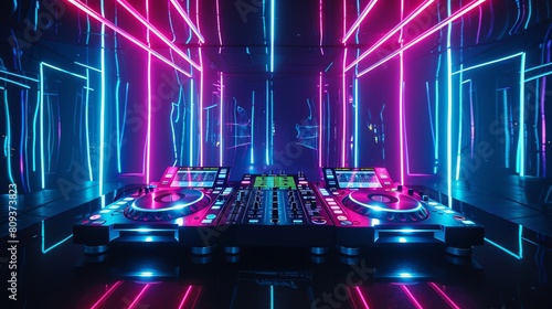 Create a seamless loop of a 3D animation of a DJ turntable setup in a nightclub with glowing neon lights