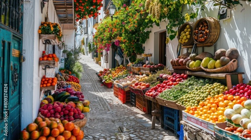 Sunny Spanish Street Market: Locally Grown Fruits & Vegetables from Small Farmers