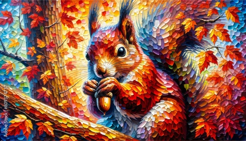 A vibrant, textured painting of a squirrel clutching an acorn on a richly colored autumn tree.