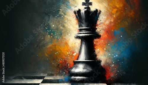 A close-up of a chess king depicted in a heavily textured and stylized abstract painting.