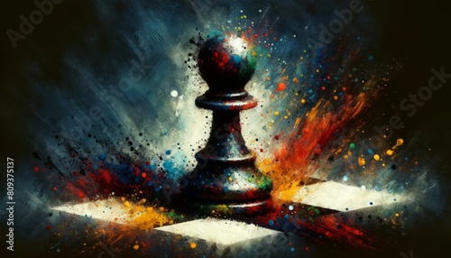 A close-up of a chess pawn rendered in a dramatic, heavily textured and stylized abstract painting style.