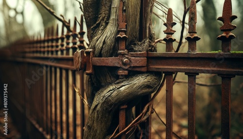 A detailed close-up image of an old, weathered gate with a tree trunk growing through its middle, the branches intertwining with the metal bars.