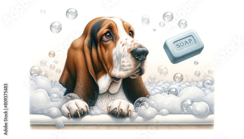 A basset hound dog in a bubble bath, curiously looking at a floating soap bar.