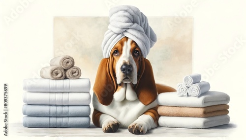 A basset hound dog wearing a towel turban, sitting beside a pile of folded clean towels.