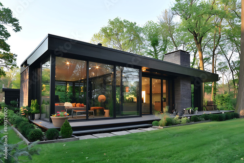 architectural brilliance of a minimalist cubic home, its glass walls reflecting the serenity of its landscaped front yard
