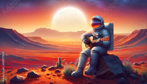 Astronaut sitting on a rock in a Mars-like desert landscape, playing an acoustic guitar.