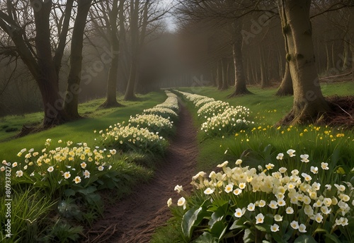 Banks of delicate primroses lining a country lane, generative AI