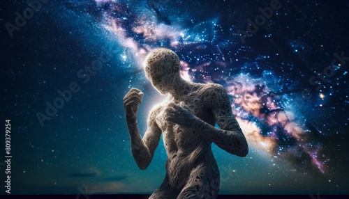 A sculpture similar to a textured, twisted humanoid figure under a starry night sky, with the Milky Way in the background, creating a cosmic connectio.