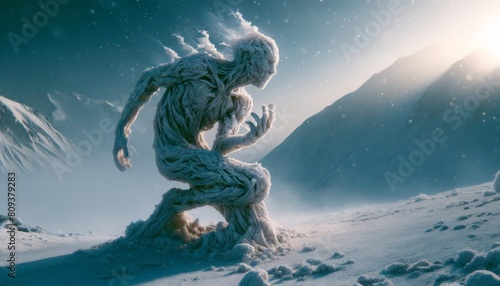 A sculpture similar to a textured, twisted humanoid figure on a frost-covered mountaintop, with ice and snow clinging to its limbs.