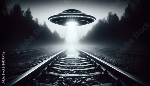 A detailed shot of a UFO flying low over a railway track at dusk in black and white.