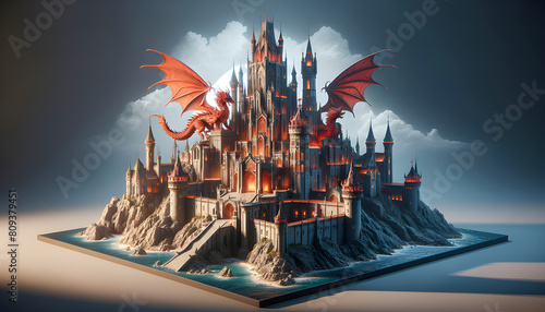 A majestic dragon castle towers over a rugged landscape, its ancient stone walls and turrets exuding power and mystery, with dragon statues guarding its entrance, evoking a sense of fantasy and legend