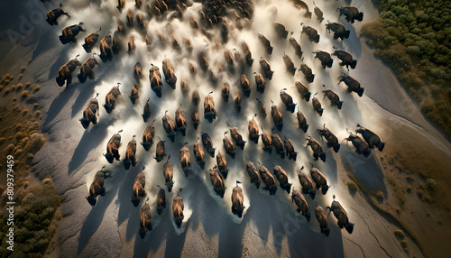 An exhilarating aerial captures a buffalo stampede, showcasing the raw power and unity of the herd as they move across the landscape, creating a dynamic and awe-inspiring spectacle.