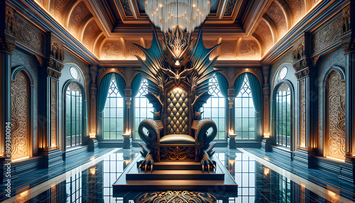 A grand wooden dragon throne, intricately carved with dragon motifs, exudes an aura of power and mysticism, making it a regal seat fit for a legendary ruler in a fantasy realm.