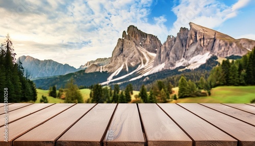 the empty wooden brown table top with blur background of dolomite mountain exuberant image generative ai