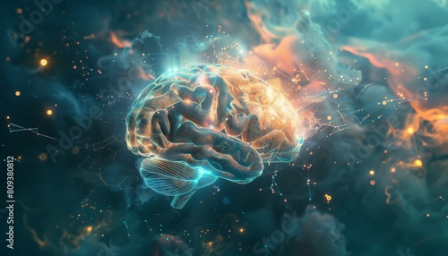 A 3D rendered artwork of a brain bathed in a soft, ethereal glow Focus on the beauty and complexity of the neural network, reminiscent of a celestial map