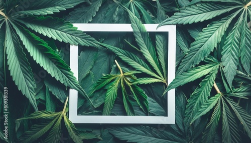 abstract empty white frame in the leaves of marijuana with copy space