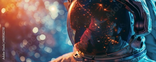 A closeup view of an astronauts visor reflecting the cosmos A single, distant star shines through the reflection, emphasizing the vastness of space