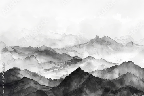 A panoramic black and white watercolor of a mountain range with wispy clouds, perfect for a presentation on exploration or reaching new heights